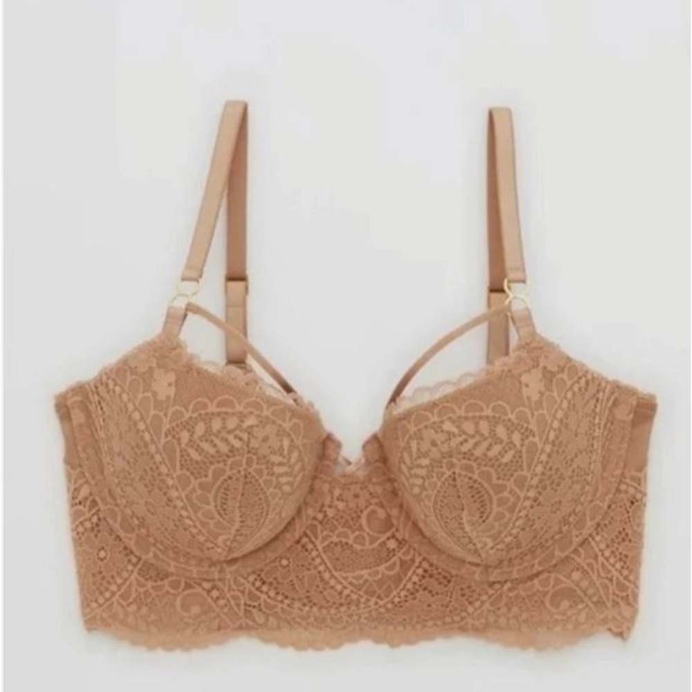 NWT‎ Aerie Real Power Paisley Lace Strappy Balconette Bra Cappuccino 32D